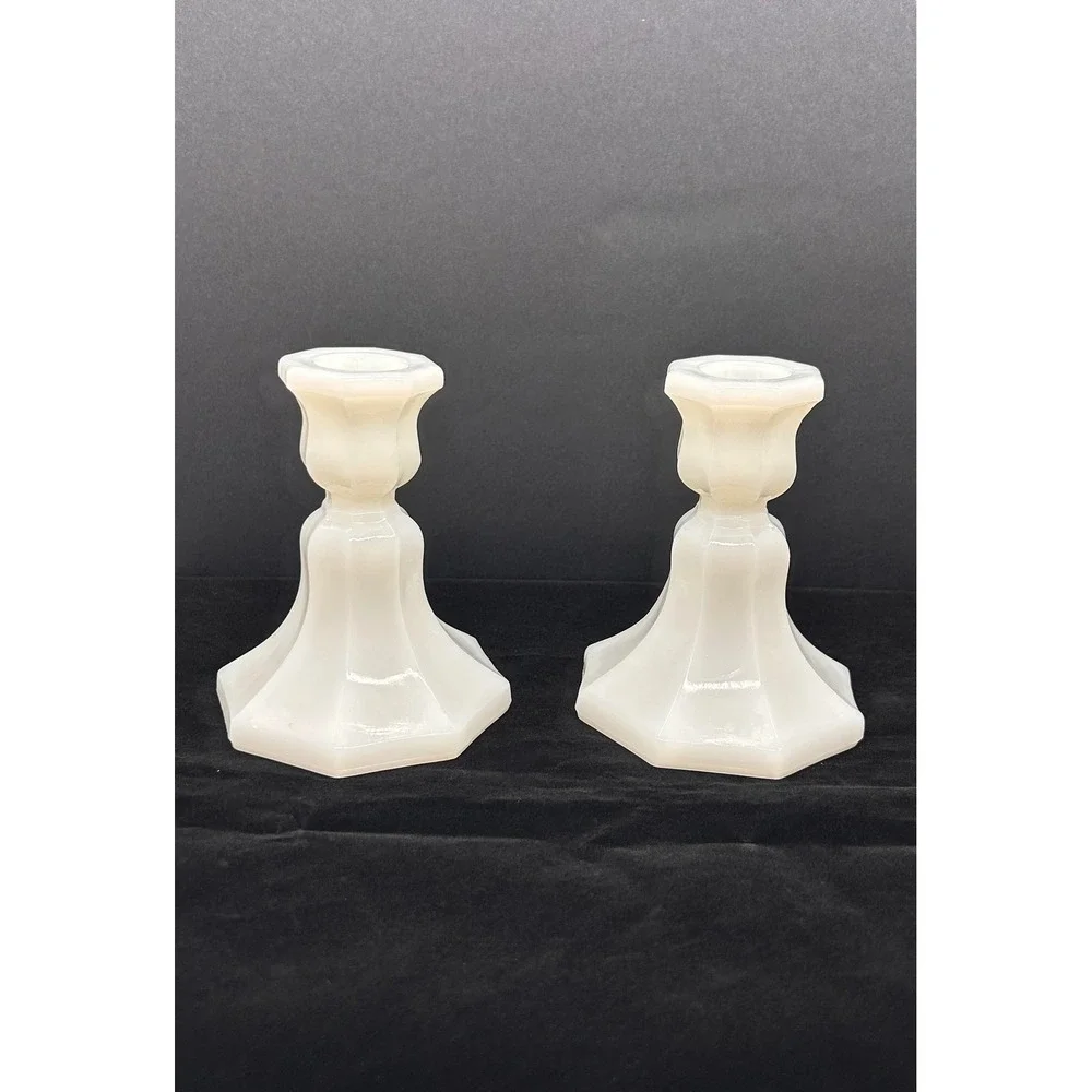 Vintage White Milk Glass Hexagonal Paneled Taper Candlestick Holders Set of 2